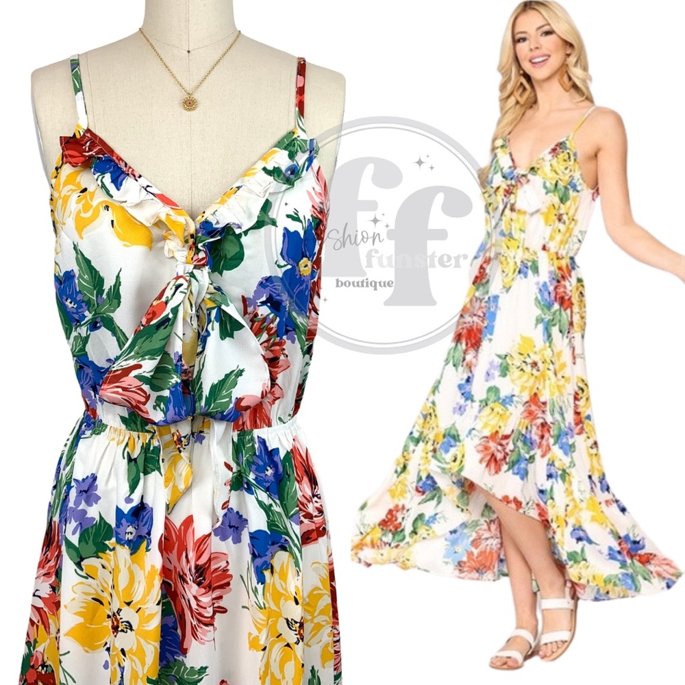 Gigio Rainbow Pop Art Floral Print Ruffle Bow Scarf Bodice High Low Maxi Dress - Picture 3 of 9